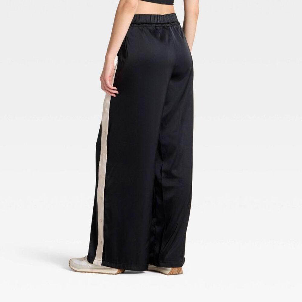 JoyLab Black Satin Feel Wide-Leg Track Pants with Cream Side Stripe - Picture 2 of 3